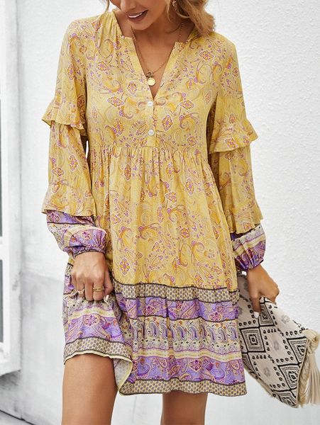 

floral print bishop sleeve smock dress k2q0#, Black;gray