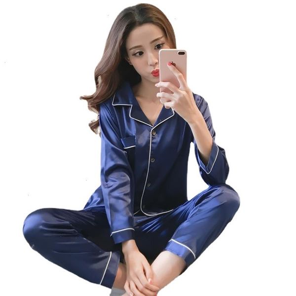 

silk satin pajamas for womens pyjamas set long sleeve sleepwear women suit female two piece loungewear plus size, Black;red