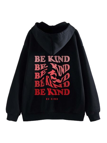 

letter graphic kangaroo pocket drawstring thermal hoodie g6dt#, Black