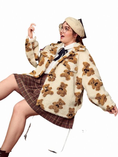 

plus bear pattern flap detail drop shoulder teddy coat k4da#, Black