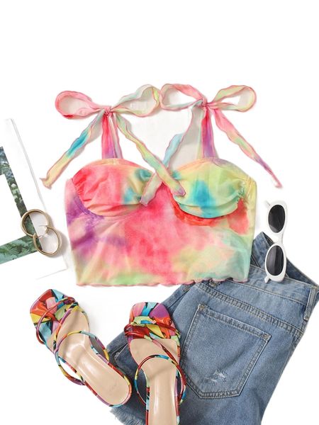 

tie dye knot strap mesh crop cami h0y4#, White