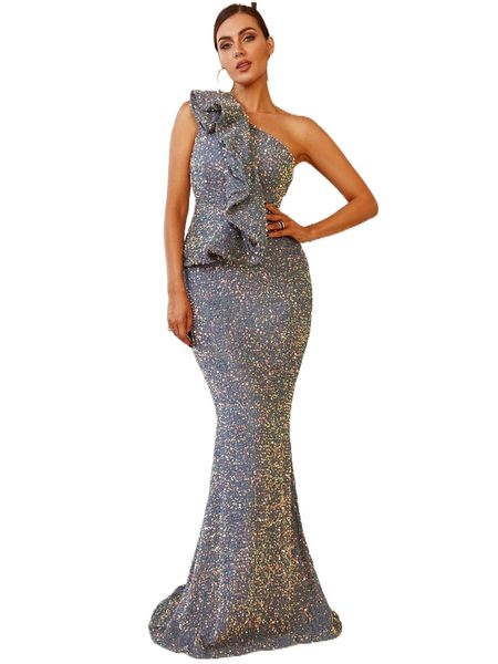 

love&lemonade one shoulder ruffle trim sequin formal dress 43wb#, Black;gray