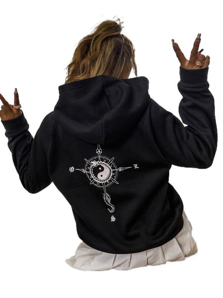 

yin & yang print raglan sleeve hoodie k0bo#, Black
