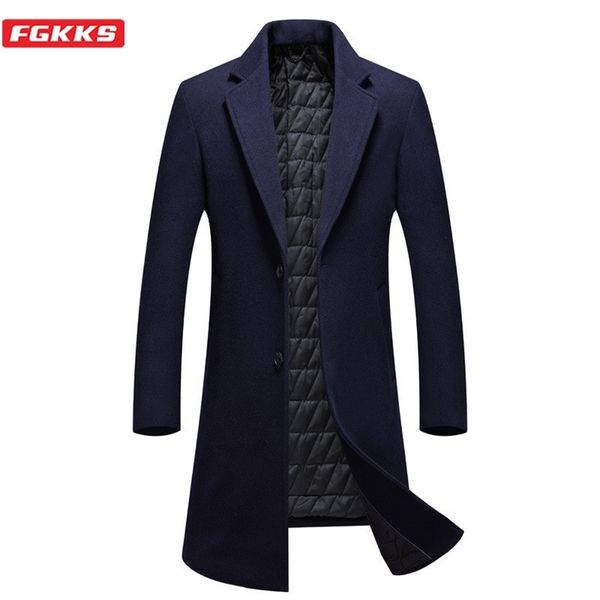 

fgkks winter men wool blend coats quality brand men s trend slim long section wool trench luxurious casual wool overcoat male lj201106, Black