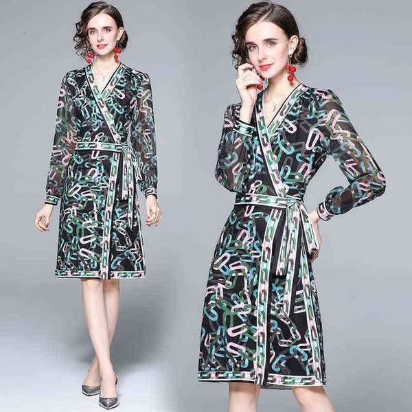 

luxury designer women's dresses color chain print v-neck waist lace up wrap skirt temperament long sleeve dresses, Black;gray