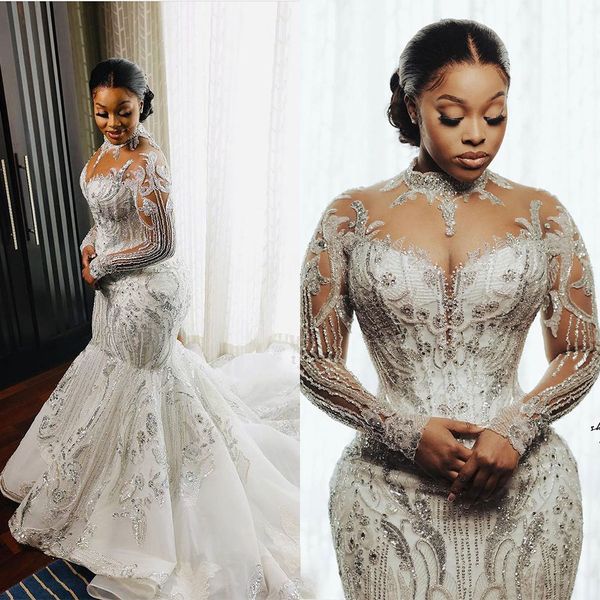 

saudi arabia sequins mermaid wedding dress high neck long sleeve plus size bridal gowns crystal bride robes de mariÃ©e, White