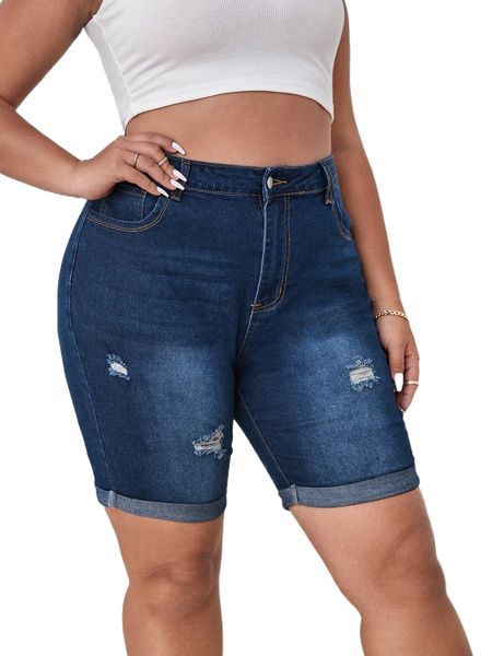 

plus ripped cuffed denim shorts 4256#, White;black