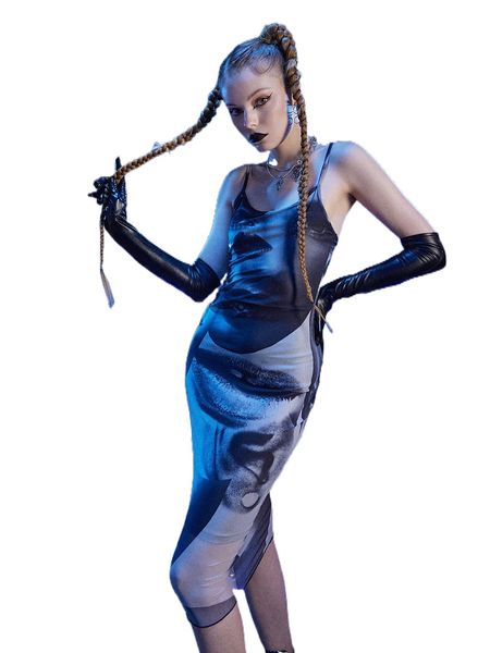 

romwe cyber luvr figure graphic mesh cami dress x7bw#, Black;gray