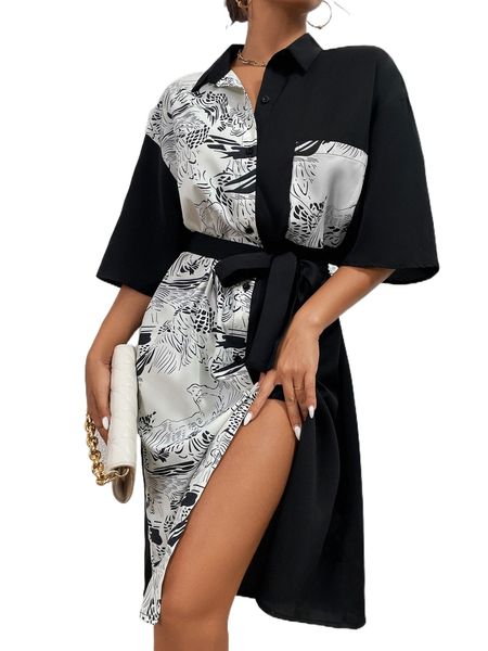 

colorblock graphic print belted shirt dress q9kd#, Black;gray
