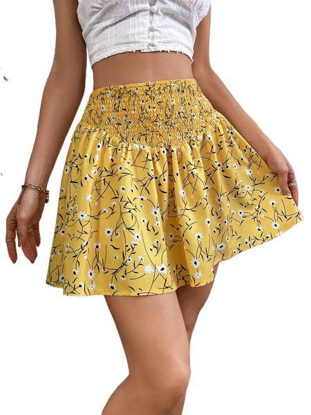 

ditsy floral print shirred skirt e3s1#, Black
