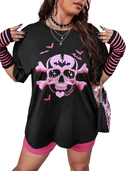 

plus 1pc bat & skull print drop shoulder tee & 1pc biker shorts b9cw#, Black