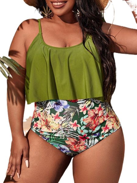 

plus tropical print flounce hem one piece swimsuit i1ll#, White;black