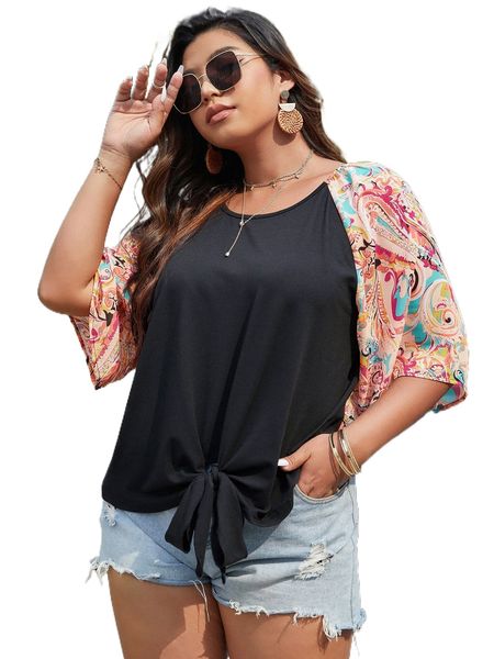

plus paisley print raglan sleeve knot hem 37ao#, Black