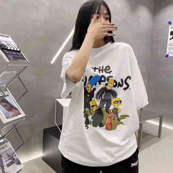 

balencaigass shirt [superior quality]european fashion brand paris short sleeve men's and women's b home simpson printed cotton hal, White;black