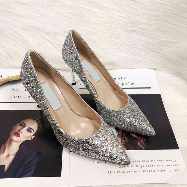 

sandals designer shoes luxury sequins high heels fashion color matching pointed shallow mouth wedding shoes business 220331, Black