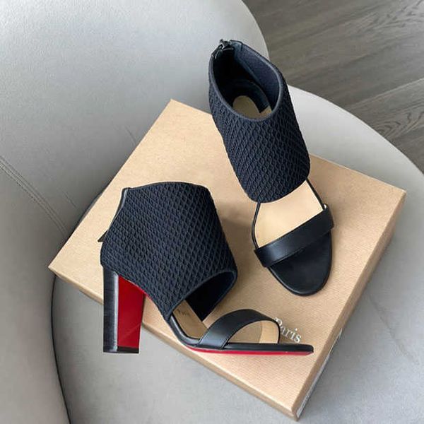 

summer designer sandal red sole sandal boot women ankle boots high heel georgette mesh knit leather open toe sandals reds-sole heeled pumps, Black