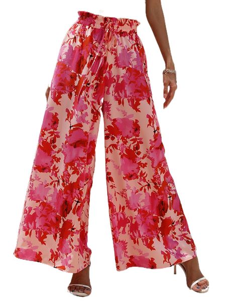 

floral print paperbag waist tie front wide leg pants e7zu#, Black;white