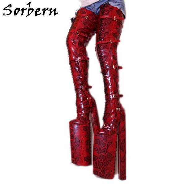 

sorbern 40cm red snake crotch thigh high boots women buckle straps flock winter boots super long block chunky high heels custom, Black
