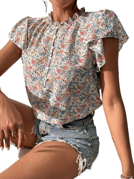 

allover floral print frill neck button front blouse l4cf#, White