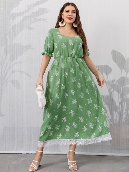 

plus ditsy floral print flounce sleeve eyelash lace panel dress d575#, Black