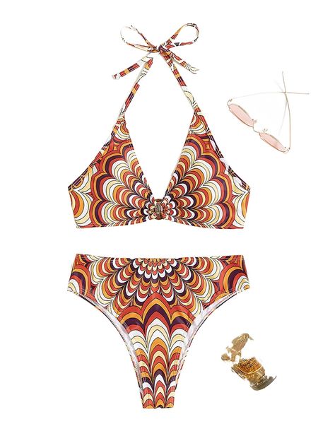 

allover print ring linked halter bikini swimsuit l1b8#, White;black