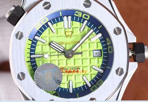 

fashion watches men wristwatches green dial 42mm 15710watch natural rubber strap sapphire mechanical automatic mens sport men's watch w, Slivery;brown