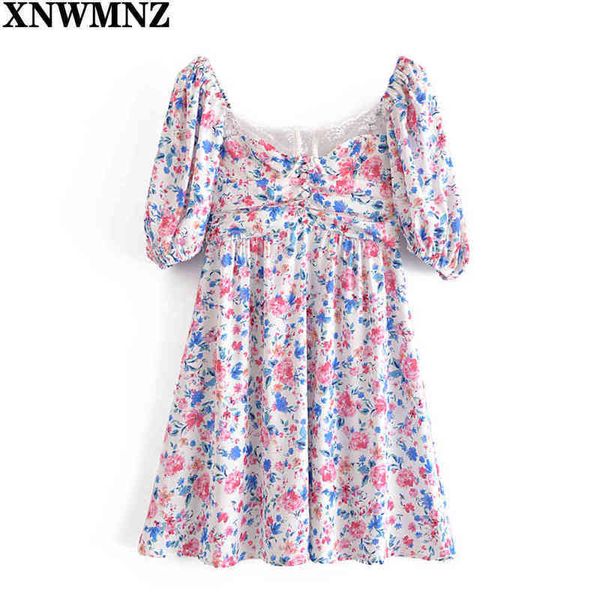 

xnwmnz lace trim print floral dress women puff sleeve a line mini holiday party dresses female summer chic vestidos 210513, Black;gray