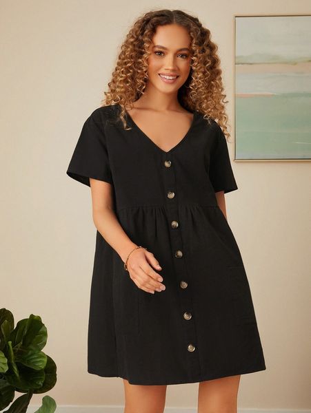 

single breasted solid smock dress 91fs#, Black;gray