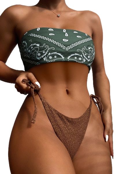 

paisley print bandeau tie side bikini swimsuit y6bi#, White;black