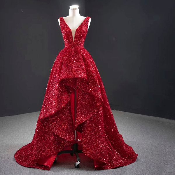 Элегантное красное платье выпускного вечера вечернее платье Deep V-образные шеи блестки длина на полу кружев без рукавов линии на заказ принцесса свадебное платье халат де Марие