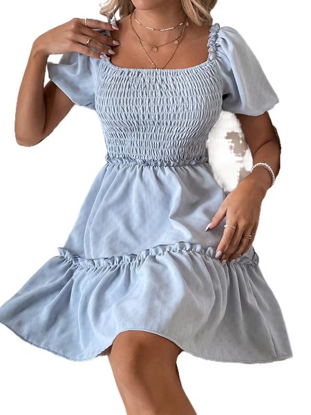 

s.hirred p.uff s.leeve f.rill trim d.ress f2cr#, Black;gray