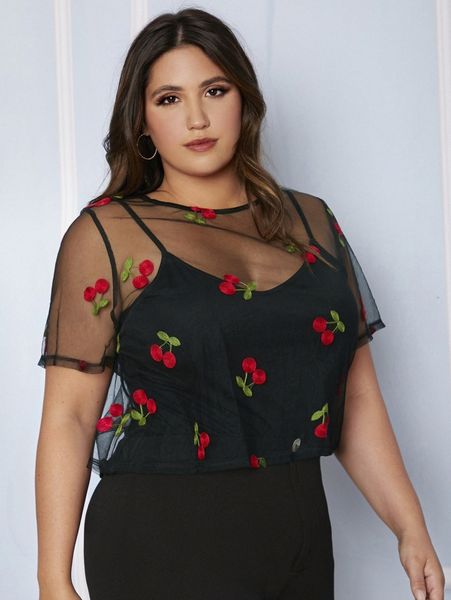 

plus cherry embroidery mesh g14i#, Black