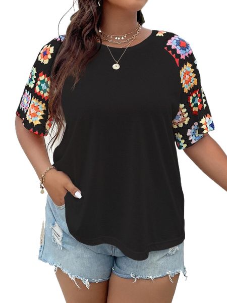 

plus graphic print contrast raglan sleeve tee z7p7#, Black