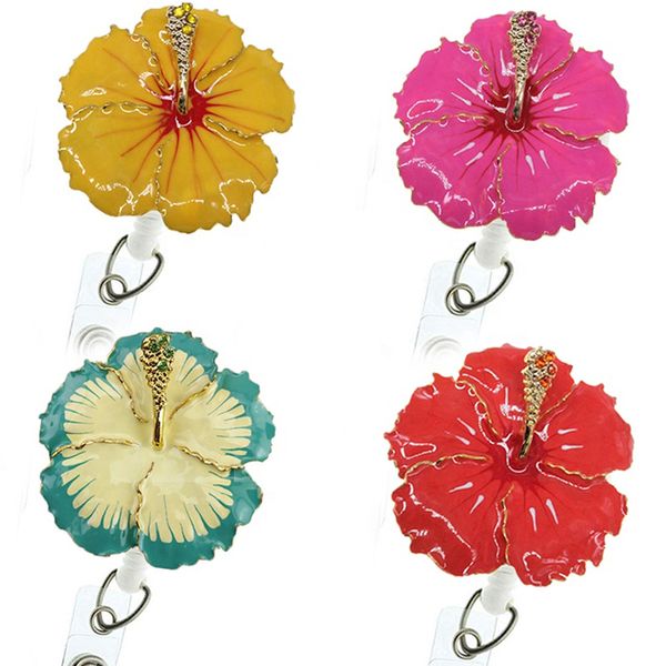 20 pz/lotto Sparkly Portachiavi Strass Smalto Forma di Fiore Hawaiano Retrattile Badge Reel Holder Con Clip A Coccodrillo Per Infermiera Studente