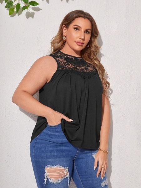 

plus lace yoke tank r7bq#, Black
