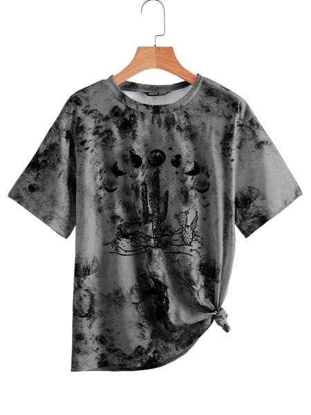 

plus moon and cactus print tie dye tee 8907#, Black