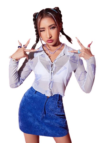 

butterfly print lettuce trim button front mesh without bra s2ub#, White