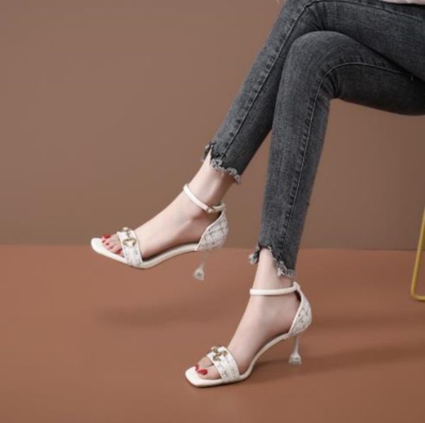 

summer high heels with metal sandals square toe stiletto women's shoes, Black