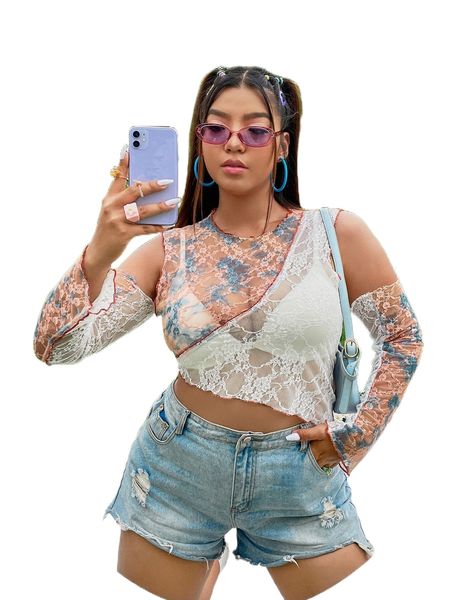 

plus cold shoulder asymmetrical hem crop lace without bra b3bm#, Black
