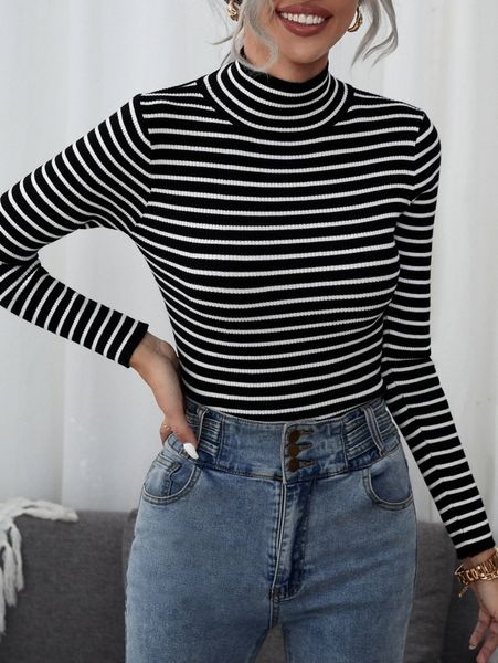 

striped mock neck sweater h1ol#, White;black