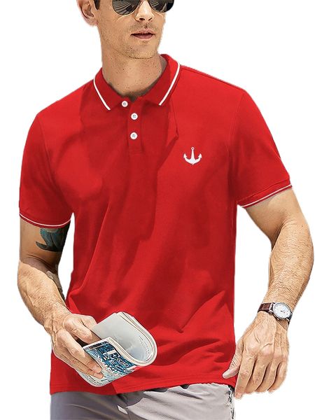 

men anchor print striped trim polo shirt c76j#, White;black