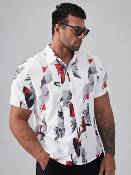 

extended sizes men floral print button through shirt n7bb#, White;black