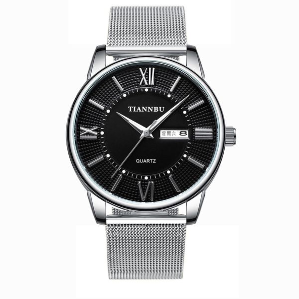 

tiannbu men's double calendar quartz watch waterproof luminous men's and women's steel belt fashion trend a9, Slivery;brown