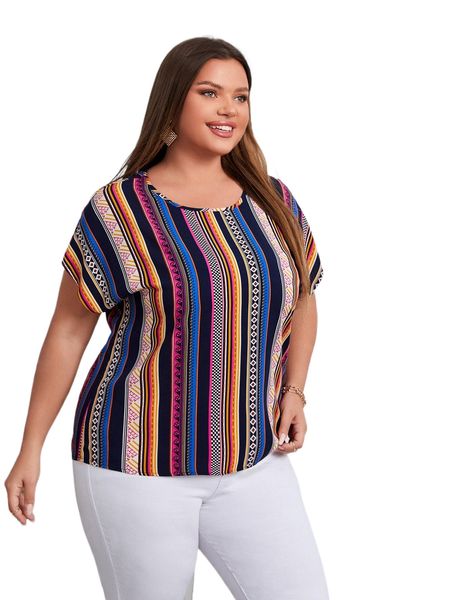 

plus vertical striped & geo print batwing sleeve blouse d1hd#, Black