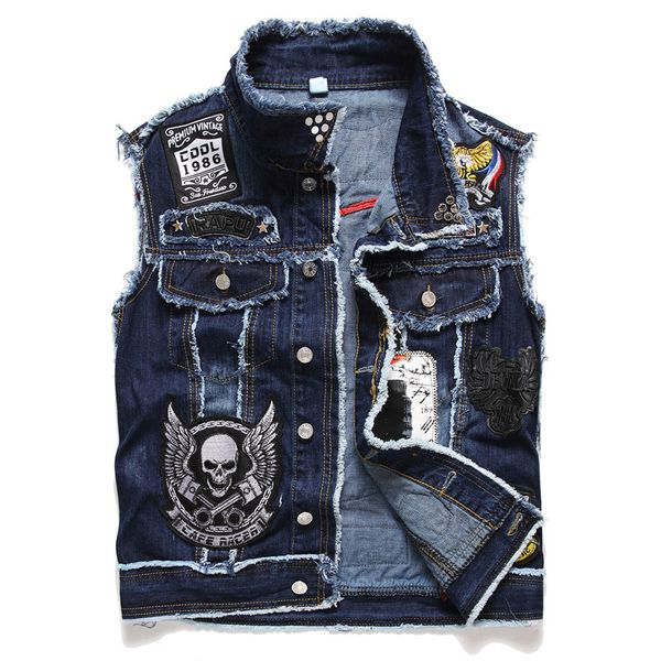 Мужские куртки с нашивкой в виде черепа с заклепками, синий джинсовый жилет, мужская куртка в стиле панк-рок с заклепками, ковбойские джинсы, жилет, модный мотоциклетный байкерский жилет без рукавов x0913 x0913