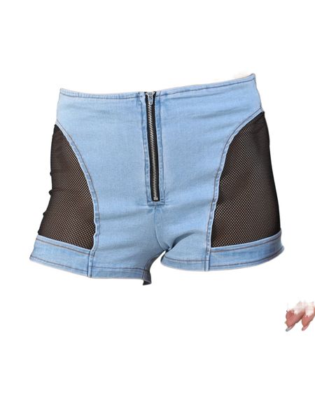 

contrast mesh zipper front denim shorts d3kg#, White;black