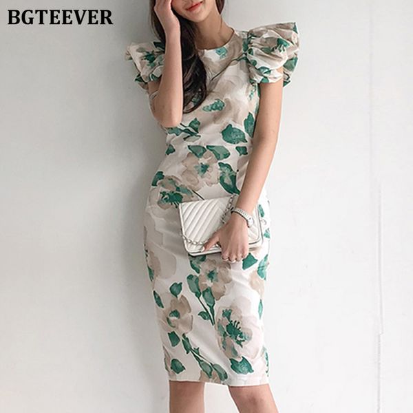 

elegant o-neck floral printed women package hip dress summer butterfly sleeve slim ol dress 2021 skinny femme vestidos, Black;gray