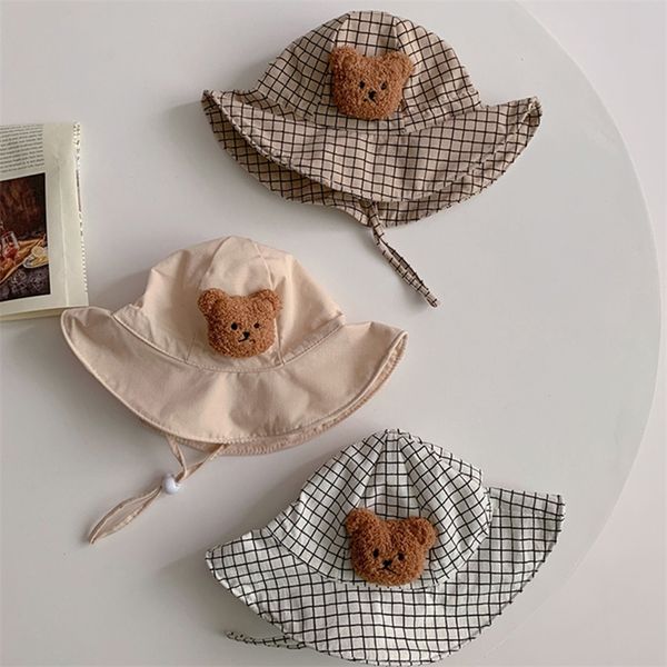 

summer baby sun hat cute cartoon bear infant toddler bucket hats solid plaid cotton kids boy girls panama fisherman cap 220630, Yellow