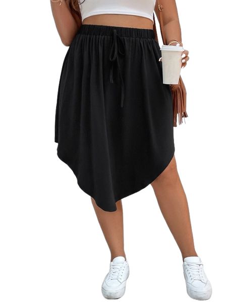 

plus solid tie front asymmetrical hem skirt j99h#, Black