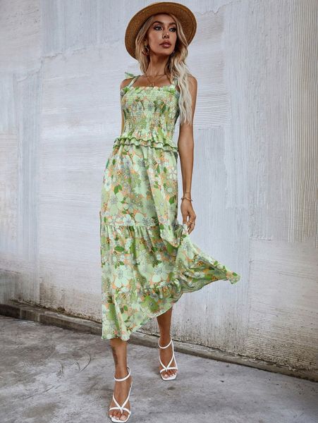 

allover floral shirred cami dress b2zn#, Black;gray